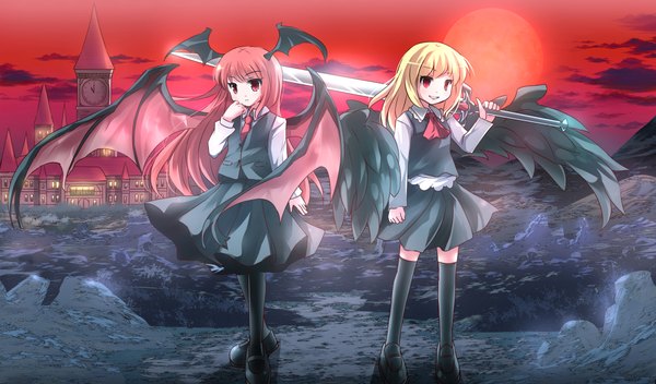Anime picture 2136x1254 with touhou koakuma rumia ex-rumia risutaru long hair looking at viewer fringe highres short hair open mouth blonde hair smile red eyes wide image standing multiple girls holding sky cloud (clouds)