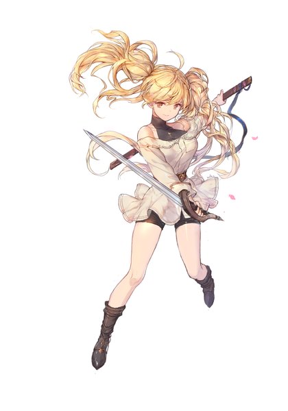 Anime picture 1654x2362 with granblue fantasy monica weisswind swd3e2 single long hair tall image looking at viewer fringe breasts simple background blonde hair smile hair between eyes white background twintails bare shoulders holding brown eyes signed full body