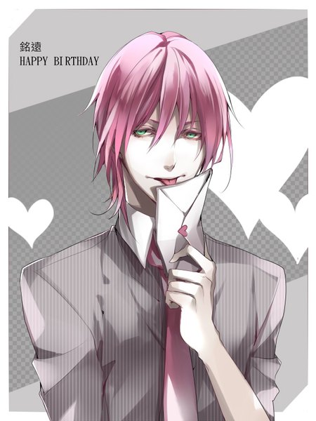 Anime picture 600x800 with vocaloid nenchaku kei danshi no 15 nen nechinechi (vocaloid) vy2 66 (roro) jin.x single tall image looking at viewer fringe short hair hair between eyes green eyes pink hair upper body border outside border happy birthday licking boy shirt