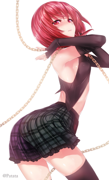 Anime picture 700x1150 with touhou hecatia lapislazuli patata single tall image looking at viewer blush fringe short hair light erotic simple background red eyes standing white background bare shoulders signed red hair pleated skirt looking back bare belly