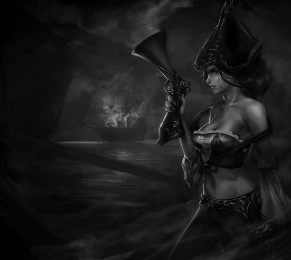 Anime picture 1023x915 with league of legends miss fortune (league of legends) single long hair night midriff monochrome destruction pirate girl weapon gun fire pistol corset armband watercraft ship pirate hat