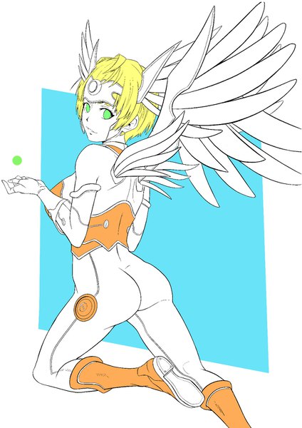 Anime picture 1191x1684 with original revista paradoja single tall image looking at viewer short hair light erotic blonde hair simple background green eyes looking back from behind kneeling head wings mechanical wings lineart girl wings bodysuit