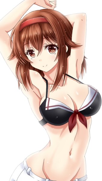 Anime picture 640x1136 with kantai collection shiratsuyu destroyer amou yuu single tall image looking at viewer fringe breasts light erotic simple background hair between eyes brown hair white background brown eyes upper body arms up groin girl navel swimsuit