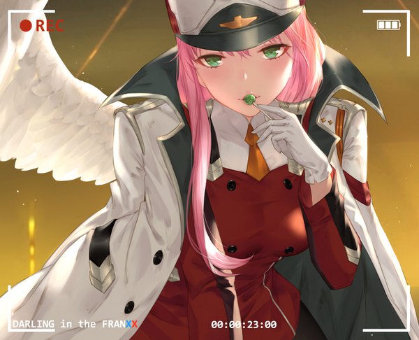 Anime picture 1480x1200 with darling in the franxx studio trigger zero two (darling in the franxx) yijian ma single long hair looking at viewer blush fringe breasts simple background hair between eyes holding green eyes pink hair long sleeves copyright name mouth hold angel wings white wings