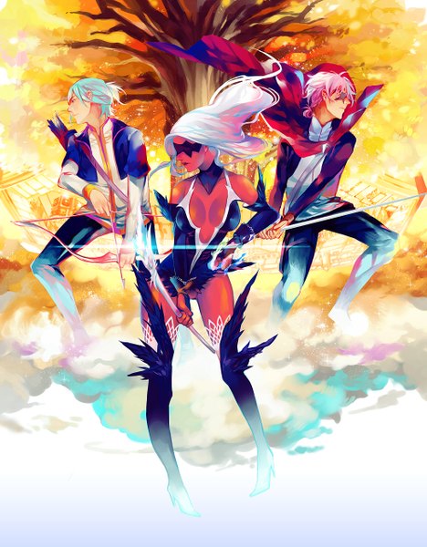 Anime picture 1000x1281 with raveeoftitans long hair tall image short hair breasts bare shoulders pink hair cloud (clouds) white hair profile aqua hair sparkle hand on hip dark skin magic group face paint girl boy weapon