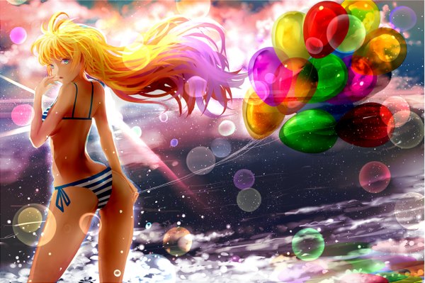 Anime picture 1291x859 with original ted (taiwan) single long hair looking at viewer blush open mouth blue eyes light erotic blonde hair bare shoulders sky cloud (clouds) ass looking back multicolored hair sunlight two-tone hair turning head finger to mouth