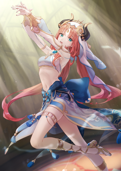 Anime picture 2039x2894 with genshin impact nilou (genshin impact) nonon 813 single long hair tall image fringe highres twintails red hair blunt bangs traditional clothes horn (horns) aqua eyes bare legs midriff low twintails dancing girl navel
