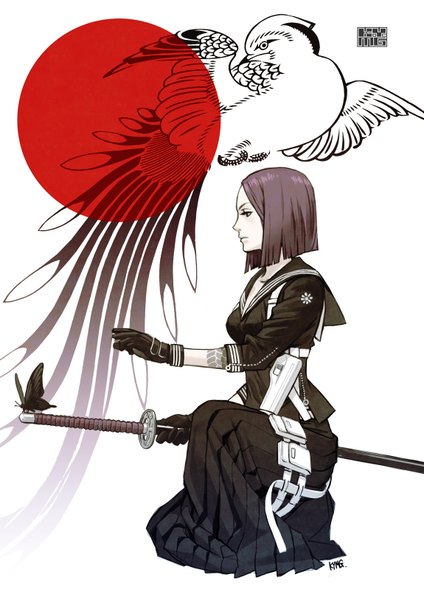 Anime picture 1150x1626 with original kozaki yusuke single tall image short hair signed profile inscription tattoo squat girl gloves animal sword bird (birds) katana insect butterfly sailor suit holster