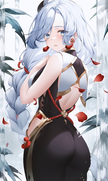 Anime picture 1200x2000 with genshin impact shenhe (genshin impact) mellozzo single long hair tall image looking at viewer blush fringe breasts blue eyes light erotic standing silver hair ass braid (braids) looking back from behind single braid waterfall