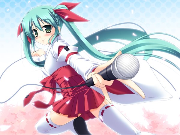 Anime picture 1600x1200 with vocaloid hatsune miku skywaker single long hair blush twintails aqua eyes aqua hair miko girl thighhighs petals white thighhighs microphone wire (wires)