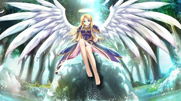 Anime picture 1024x576 with kamidori alchemy meister long hair blue eyes blonde hair wide image game cg girl wings