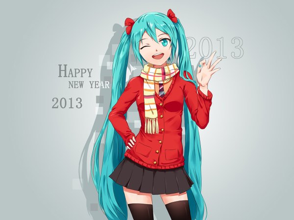 Anime picture 1338x1000 with vocaloid hatsune miku tristana-shen single open mouth twintails very long hair one eye closed aqua eyes wink aqua hair grey background zettai ryouiki hand on hip ;d new year happy new year ok sign 2013 girl