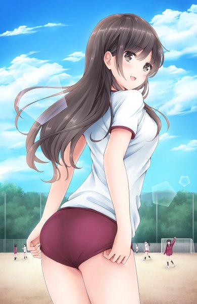 Anime picture 1100x1692 with original nanashiki fuuka long hair tall image blush fringe open mouth black hair smile standing multiple girls sky cloud (clouds) outdoors :d looking back wind black eyes lens flare solo focus