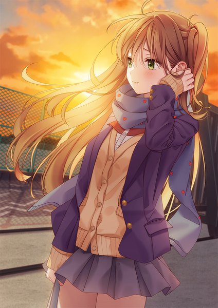 Anime picture 870x1230 with original unjem single long hair tall image blush fringe hair between eyes brown hair standing holding green eyes looking away sky cloud (clouds) outdoors long sleeves pleated skirt wind sunlight