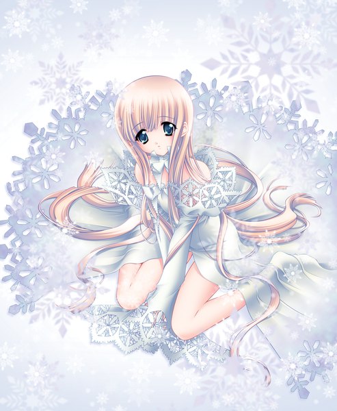 Anime picture 3989x4857 with carnelian single tall image looking at viewer fringe highres blonde hair hair between eyes sitting bare shoulders absurdres full body very long hair aqua eyes from above wariza sleeves past wrists between legs girl dress
