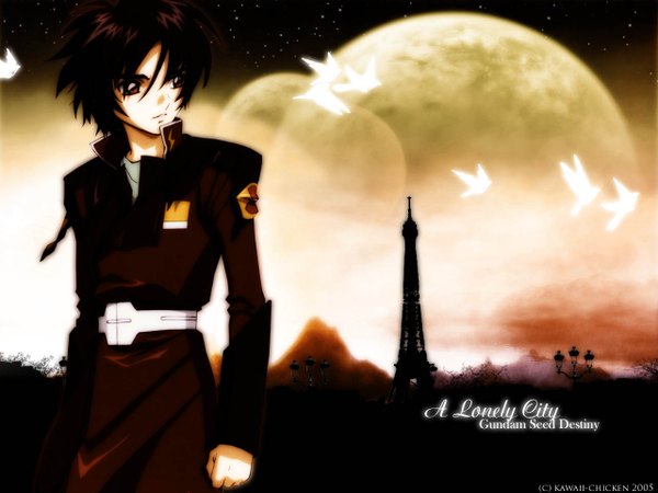 Anime picture 1280x960 with mobile suit gundam gundam seed destiny sunrise (studio) shinn asuka short hair black hair brown eyes boy uniform animal bird (birds) moon star (stars) military uniform