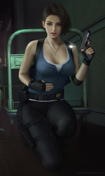Anime picture 3900x6500 with resident evil resident evil 3 jill valentine wickellia single tall image highres short hair breasts open mouth light erotic brown hair large breasts looking away absurdres cleavage full body indoors realistic teeth