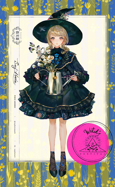 Anime picture 702x1141 with original say hana single long hair tall image looking at viewer blonde hair red eyes standing holding signed full body expressionless girl dress flower (flowers) hat socks black dress black socks
