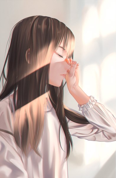 Anime picture 840x1281 with original litra (ltr0312) single long hair tall image fringe hair between eyes brown hair upper body eyes closed profile shaded face hand on face morning girl nightie