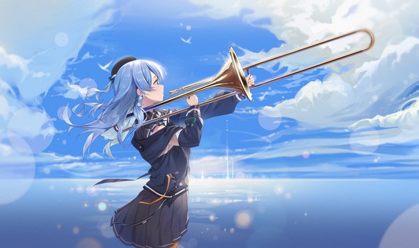 Anime picture 4432x2625 with virtual youtuber hololive hoshimachi suisei hoshimachi suisei (3rd costume) netisz single long hair highres wide image blue hair looking away absurdres sky cloud (clouds) profile wind girl detached sleeves beret musical instrument