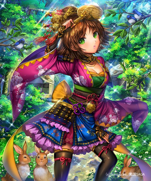 Anime picture 833x1000 with sengoku saga ells (ellsat) single tall image looking at viewer blush fringe short hair breasts open mouth brown hair standing holding green eyes cleavage outdoors traditional clothes japanese clothes arm up fingernails