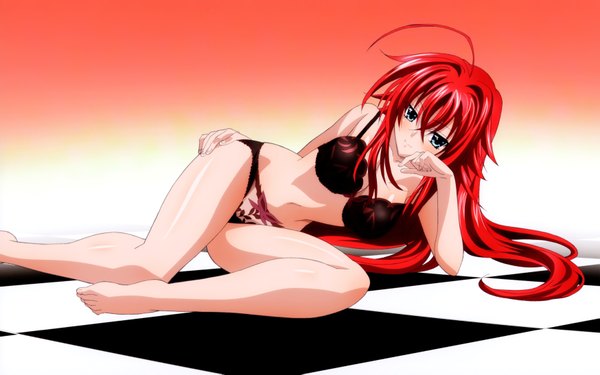 Anime picture 6986x4371 with highschool dxd rias gremory miyama zero mishima hiroji single long hair looking at viewer blush highres blue eyes light erotic absurdres red hair light smile scan official art underwear only checkered floor girl navel