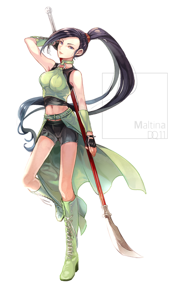 イラスト 1752x2685 と ドラゴンクエスト dragon quest xi martina (dq11) スグリん ソロ 長髪 長身像 カメラ目線 highres 青い目 黒髪 simple background 白背景 肩出し 全身 ポニーテール へそ出し character names 女の子 手袋