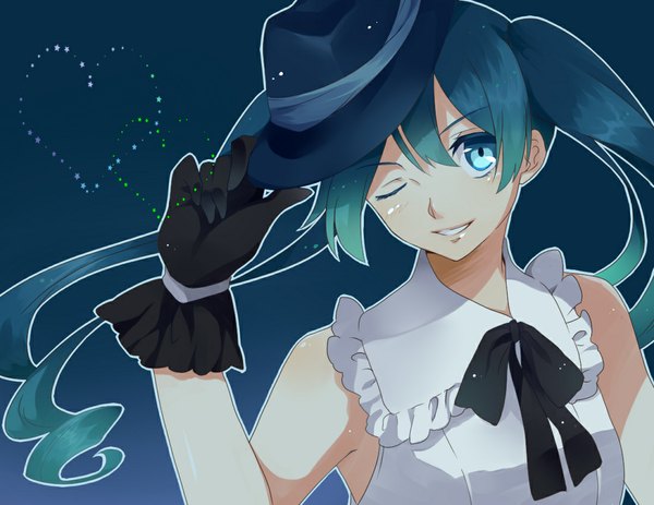 Anime picture 1100x850 with vocaloid hatsune miku sakuraba hinano single long hair looking at viewer blush fringe blue eyes simple background smile twintails bare shoulders one eye closed wink aqua hair girl gloves bow hat