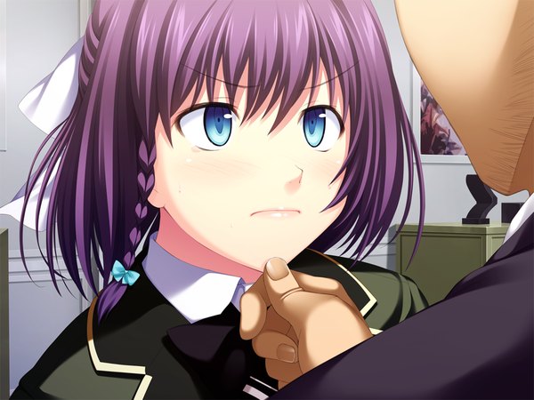 Anime picture 1024x768 with joker (game) oryou short hair blue eyes game cg purple hair girl uniform ribbon (ribbons) hair ribbon school uniform