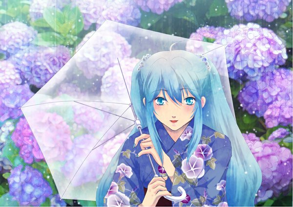 Anime picture 1062x750 with vocaloid hatsune miku looking at viewer blush open mouth blue eyes smile twintails blue hair nail polish traditional clothes japanese clothes rain transparent umbrella girl hair ornament flower (flowers) kimono leaf (leaves) umbrella