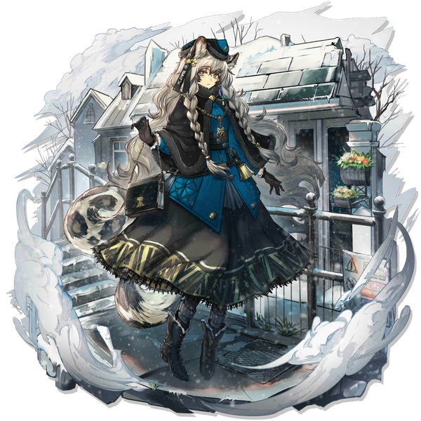 Anime picture 1024x1024 with arknights pramanix (arknights) pramanix (caster's frost) (arknights) ryuuzaki ichi single long hair looking at viewer fringe hair between eyes animal ears full body outdoors tail braid (braids) animal tail grey hair official art grey eyes twin braids official alternate costume