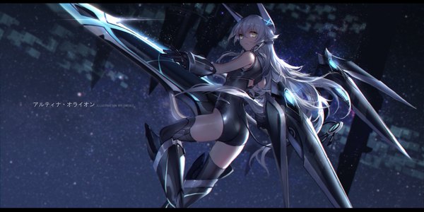 Anime picture 4724x2362 with eiyuu densetsu altina orion swd3e2 single long hair fringe highres light erotic hair between eyes wide image bare shoulders holding signed yellow eyes absurdres silver hair looking back :o character names floating hair