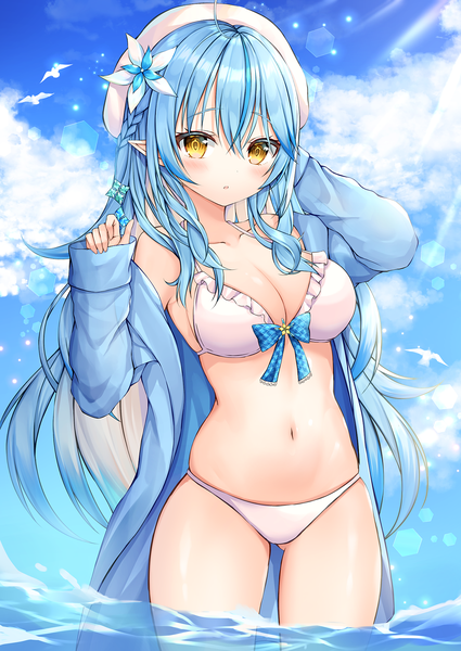 Anime picture 1360x1920 with virtual youtuber hololive yukihana lamy shichi (tarakochan-medo) single long hair tall image looking at viewer blush fringe breasts open mouth light erotic hair between eyes large breasts standing yellow eyes payot blue hair sky
