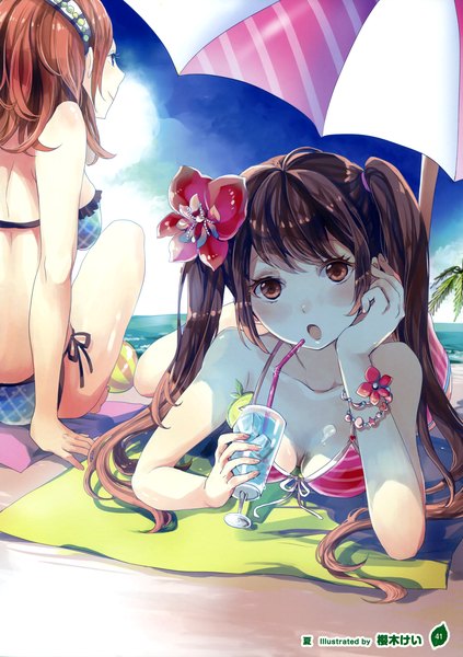 Anime picture 2540x3600 with girls, girls, girls! 10 (artbook) sakuragi kei long hair tall image looking at viewer blush highres breasts open mouth light erotic smile brown hair multiple girls brown eyes sky cloud (clouds) hair flower scan official art beach