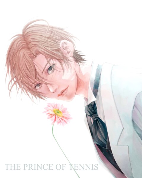 Anime picture 1200x1500 with prince of tennis saeki kojirou se41 single tall image short hair simple background brown hair white background realistic inscription grey eyes boy flower (flowers) neckerchief