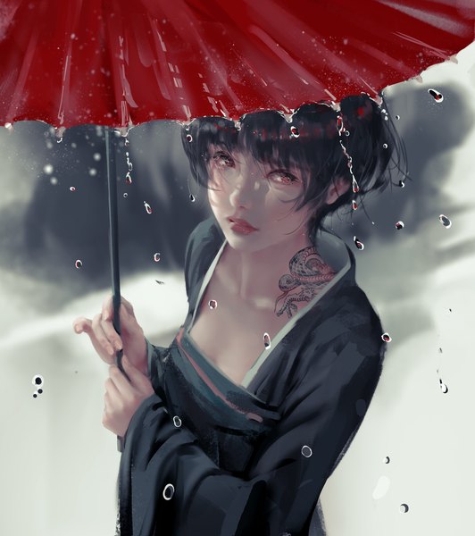 Anime picture 8315x9386 with ghost blade jade (ghost blade) wlop single tall image looking at viewer fringe highres short hair black hair red eyes standing holding absurdres traditional clothes japanese clothes from above lips wide sleeves tattoo
