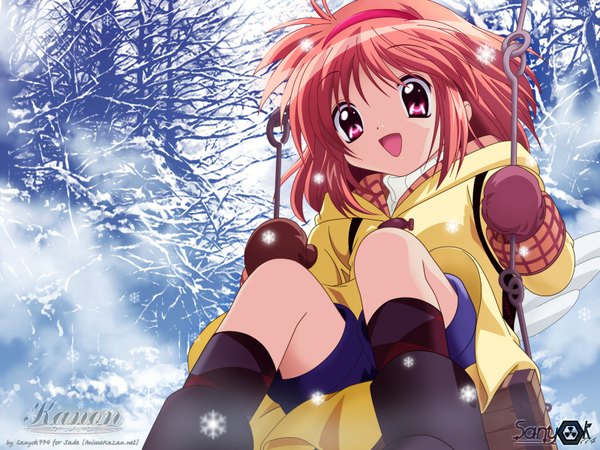 Anime picture 1600x1200 with kanon key (studio) tsukimiya ayu winter snow visualart girl snowflake (snowflakes) swing