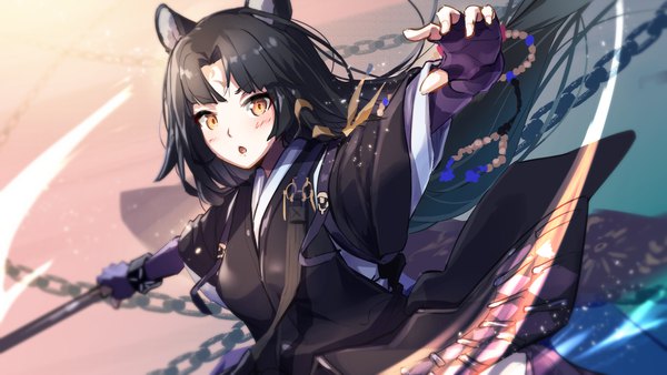 Anime-Bild 2048x1152 mit arknights saga (arknights) hellnyaa single looking at viewer blush fringe highres open mouth black hair wide image standing holding animal ears payot very long hair traditional clothes japanese clothes wind blurry