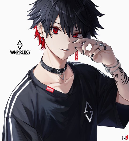 Anime picture 1879x2048 with original iyo (iyoo) single tall image fringe highres short hair black hair simple background hair between eyes red eyes white background upper body nail polish multicolored hair fingernails mole two-tone hair tattoo mole under eye