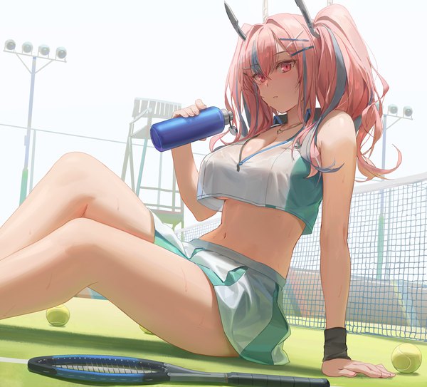 Anime picture 4276x3870 with azur lane bremerton (azur lane) bremerton (scorching-hot training) (azur lane) free style (yohan1754) single long hair looking at viewer blush fringe highres breasts light erotic hair between eyes large breasts sitting holding pink hair absurdres bent knee (knees) outdoors