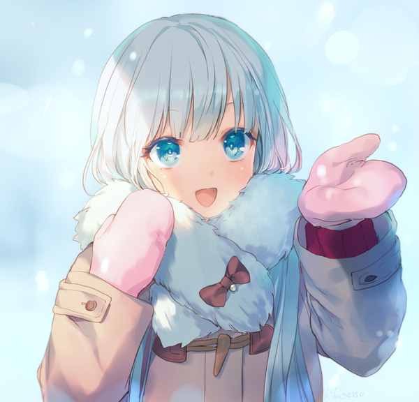Anime picture 1000x961 with original kikugetsu single long hair looking at viewer blush fringe open mouth blue eyes smile upper body white hair long sleeves :d blurry snowing outstretched hand girl scarf fur
