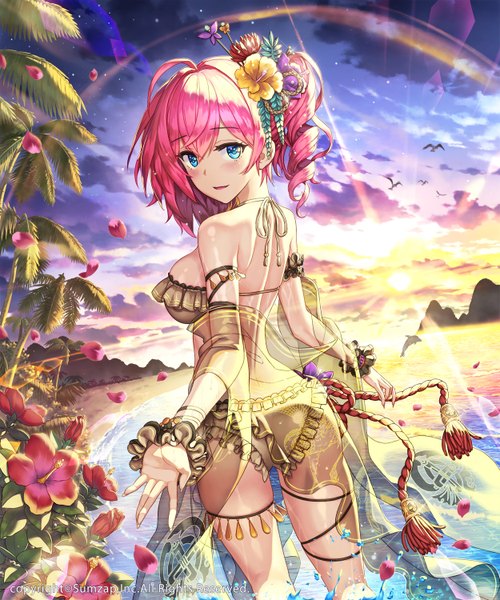 Anime picture 1250x1500 with sengoku enbu-kizna- hhama single tall image looking at viewer blush fringe short hair breasts open mouth blue eyes light erotic hair between eyes large breasts bare shoulders pink hair sky ahoge outdoors ass