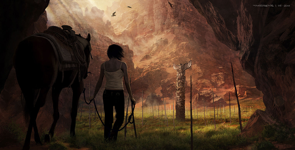 Anime picture 1600x815 with beyond: two souls jodie holmes tagme (artist) short hair black hair wide image bare shoulders holding sunlight realistic inscription back mountain weightlessness girl animal white shirt bird (birds) jeans horse