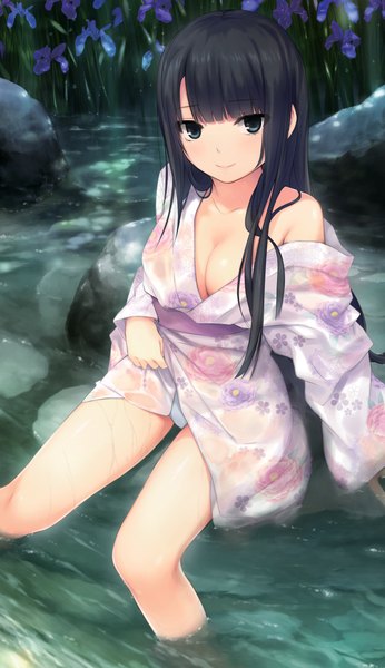 Anime picture 2453x4252 with ame koi isshi mizuki coffee-kizoku single long hair tall image looking at viewer fringe highres blue eyes light erotic black hair sitting bare shoulders bent knee (knees) traditional clothes japanese clothes light smile scan no bra