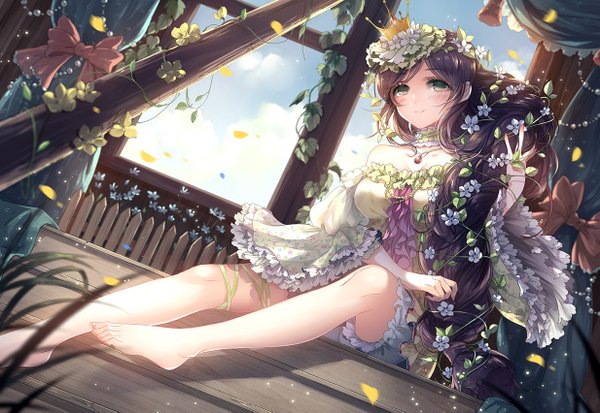 Anime picture 1234x851 with love live! school idol project sunrise (studio) love live! toujou nozomi kieta single looking at viewer blush fringe breasts large breasts sitting bare shoulders holding green eyes sky purple hair cloud (clouds) bent knee (knees) outdoors