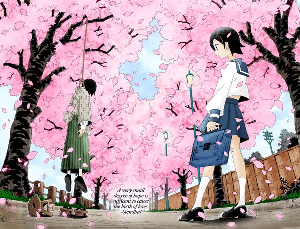 Anime picture 1600x1225 with sayonara zetsubou sensei shaft (studio) itoshiki nozomu fuura kafuka short hair open mouth black hair traditional clothes from behind black eyes cherry blossoms surprised spring death suicide girl uniform plant (plants) school uniform petals