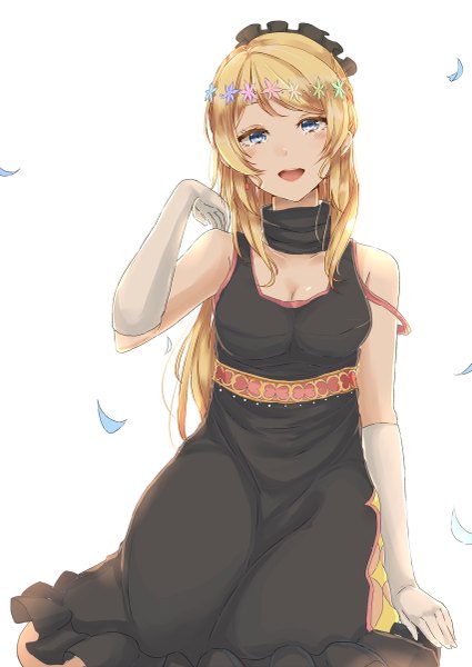 Anime picture 851x1200 with love live! school idol project sunrise (studio) love live! ayase eli amekawa setsu setsu single long hair tall image looking at viewer blush fringe breasts open mouth blue eyes blonde hair sitting bare shoulders hair flower kneeling