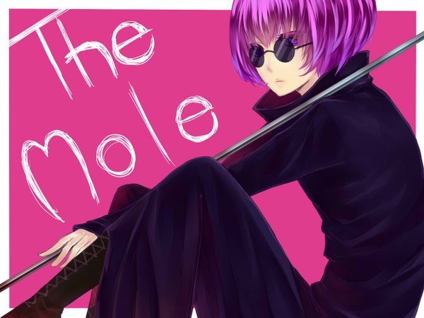 Anime picture 1400x1050 with happy tree friends the mole tagme (artist) single highres short hair open mouth purple eyes purple hair inscription personification boy boots sunglasses cane