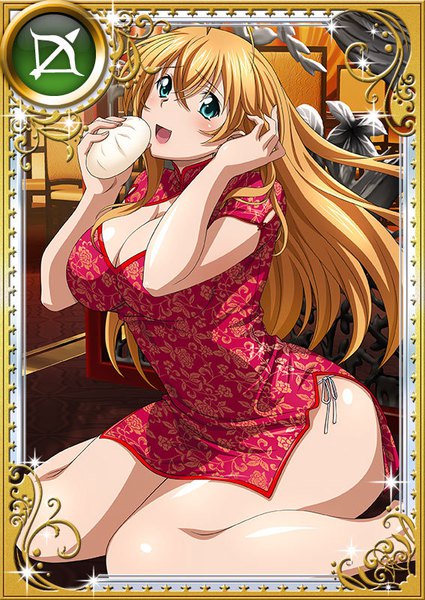 Anime picture 567x800 with ikkitousen sonsaku hakufu single long hair tall image looking at viewer blush fringe breasts open mouth light erotic blonde hair hair between eyes large breasts sitting holding payot cleavage ahoge traditional clothes