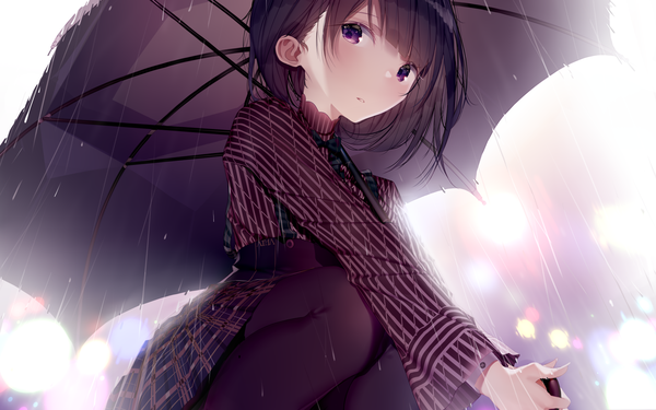 Anime picture 1920x1200 with original atha (leejuiping) single looking at viewer blush fringe highres short hair black hair purple eyes holding blunt bangs parted lips from below wallpaper plaid skirt light rain squat striped